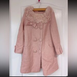 Pink faux fur collar tweed overcoat